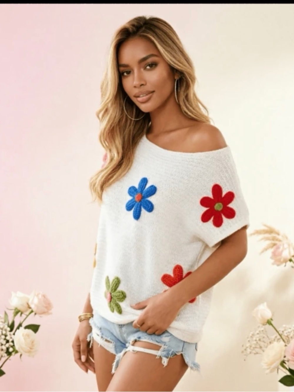 Knitted Off-Shoulder White Floral Appliqué Sweater Top